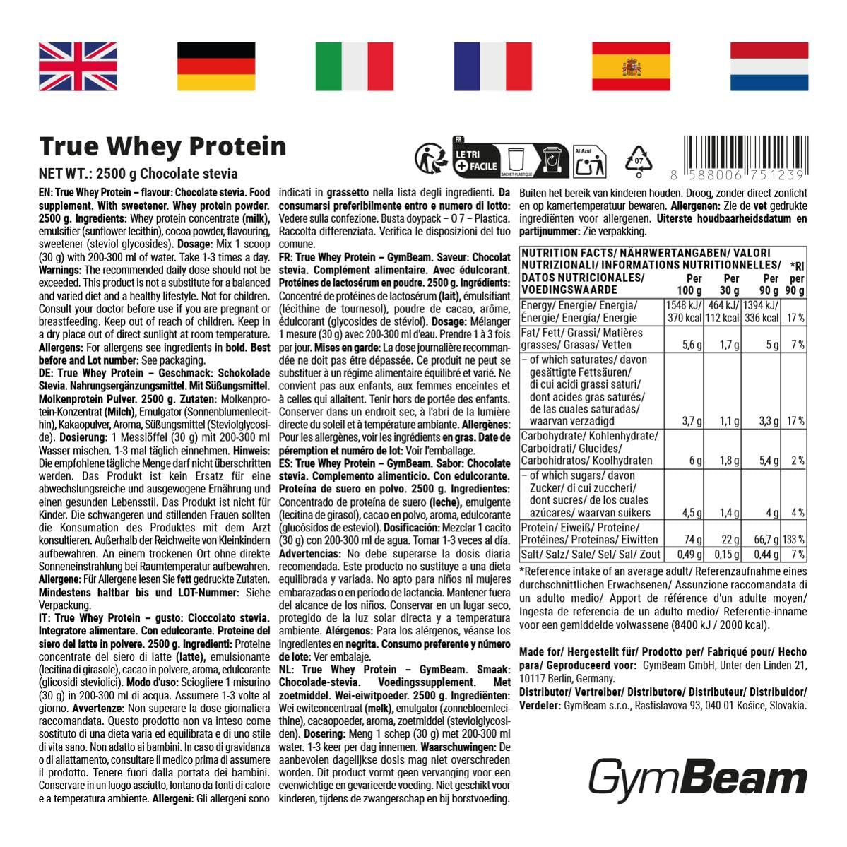 GymBeam True Whey Protein Pulver – Whey Konzentrat schonend filtriert, bis zu 23 g Eiweiß pro Portion, mit BCAA & EAA, für Muskelaufbau und Regeneration, Schokoladen Stevia, 2500 g (83 Portionen) 3