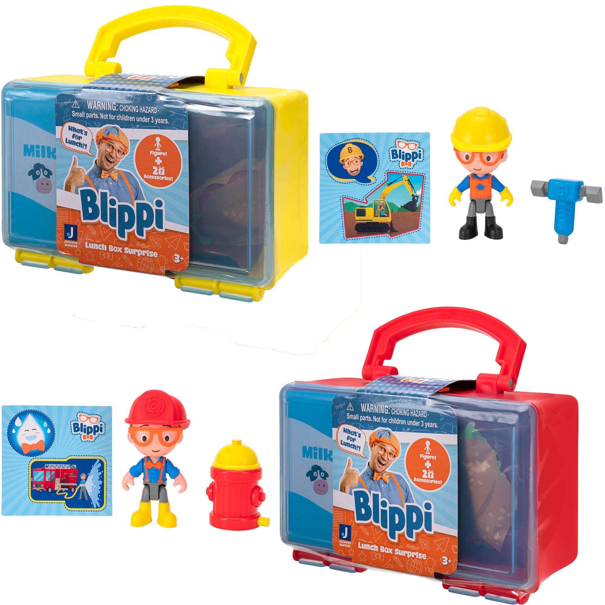 Blippi Lunch Box Surprise 2 Pack, Construction and Firefighter 3-Inch Figures Plus Collectible Hats Inside, Children’s Toys