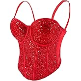 ELLACCI Women's Sexy Sequin Sheer Mesh Bustier Corset Tops Red
