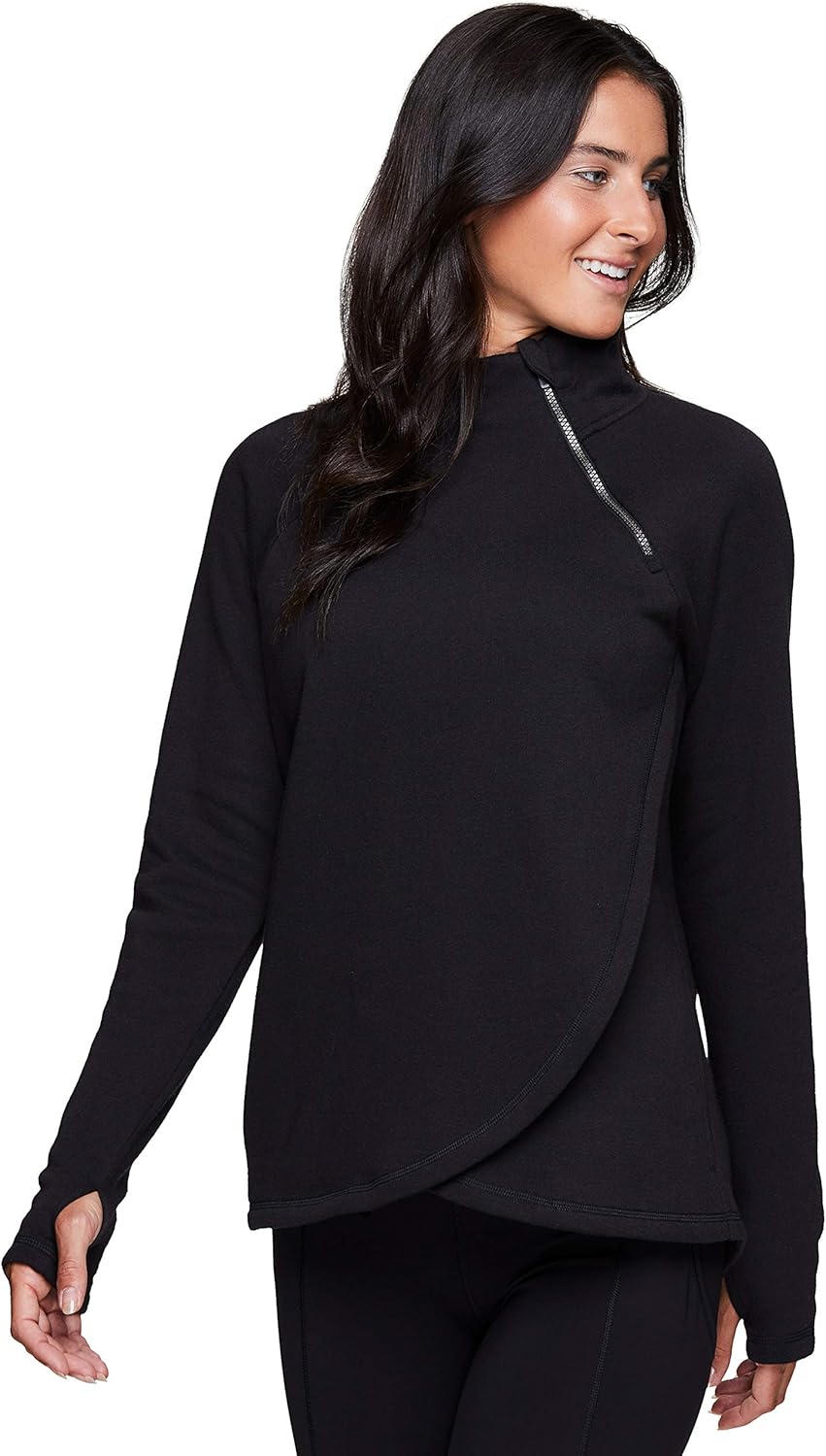 RBX Activewear Women's Fleece Pullover Sweatshirt with Zip Mock Neck, Pockets and Thumb Holes at  Women’s Clothing store