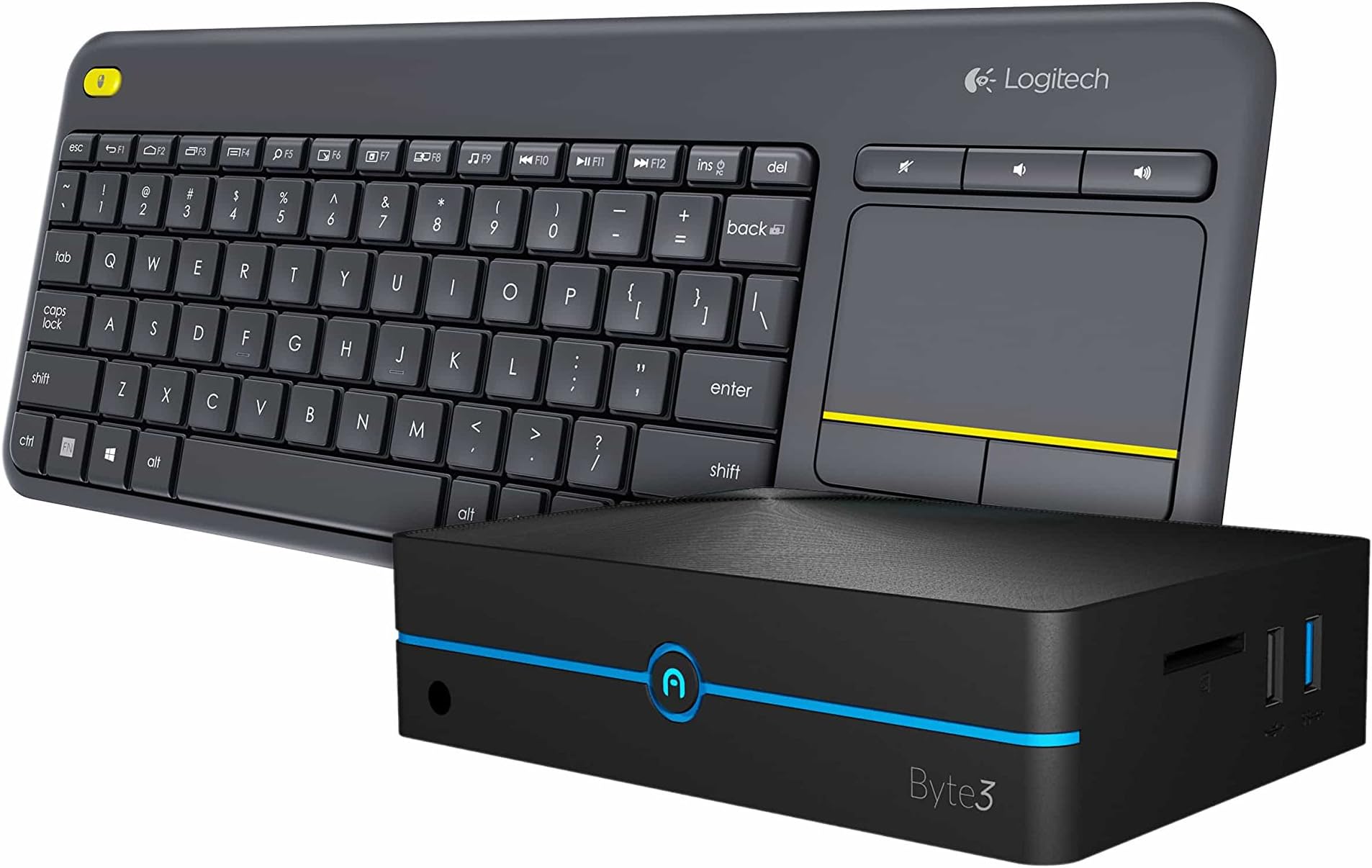 Azulle Byte3 Mini PC Bundle (8GB/32GB) Fanless Windows 10 Pro with Logitech K400 Plus Keyboard