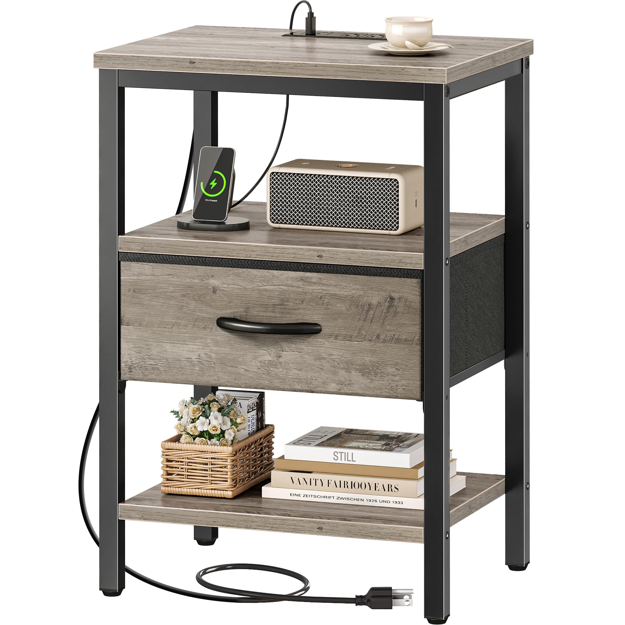 View 1 of ***MISSING PARTS***
SUPERJARE Nightstand with Charging Station, Bed Side Table with Adjustable Fabric Drawer, Night Stand for Bedroom, 3-Tier Storage End Table, for Living Room, Oak