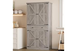 BORNOON Pantry Organizers and Storage Cabinet, 70” Barn Door White Kitchen Cabinet with Drawers and Adjustable Shelf, Tall Pantry for Kitchen, Dining Room, Living Room Bedroom