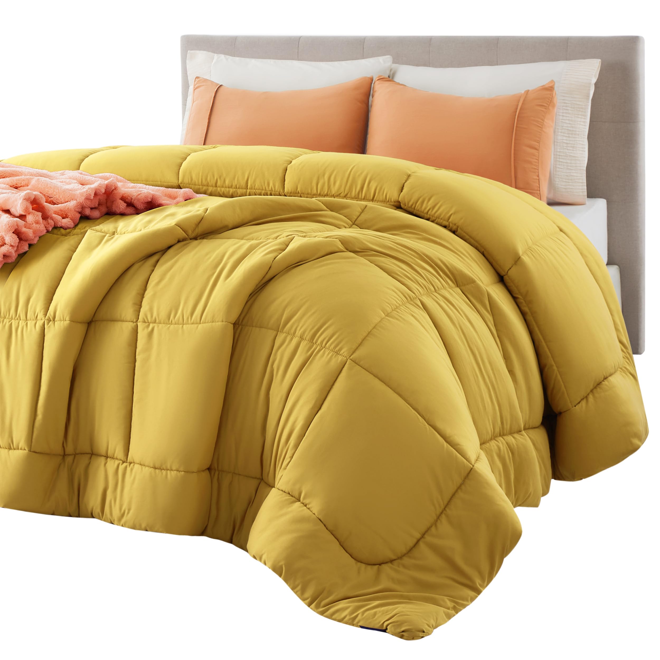 Photo 1 of Bedsure Comforter Duvet Insert - Quilted Comforters Queen Size, All Season Duvet, GentleSoft Down Alternative Bedding, with 8 Tabs, Gifts for Women/Men, Mustard Yellow, Queen 88 x 88 Inches