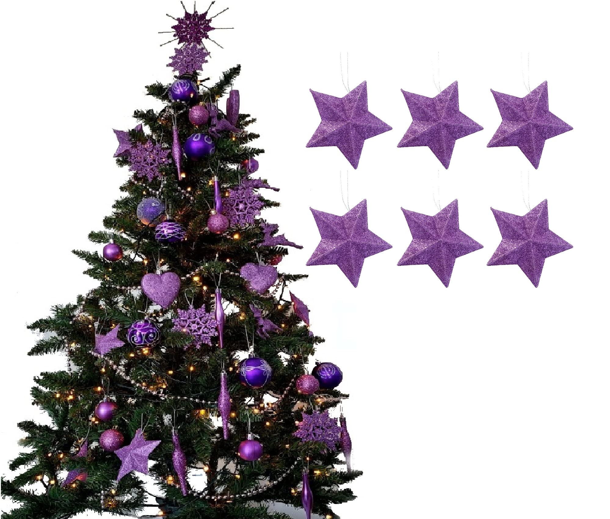 Pack of 6-8cm 3D Glitter Star Baubles Christmas Tree Decorations (Lilac) — image 1
