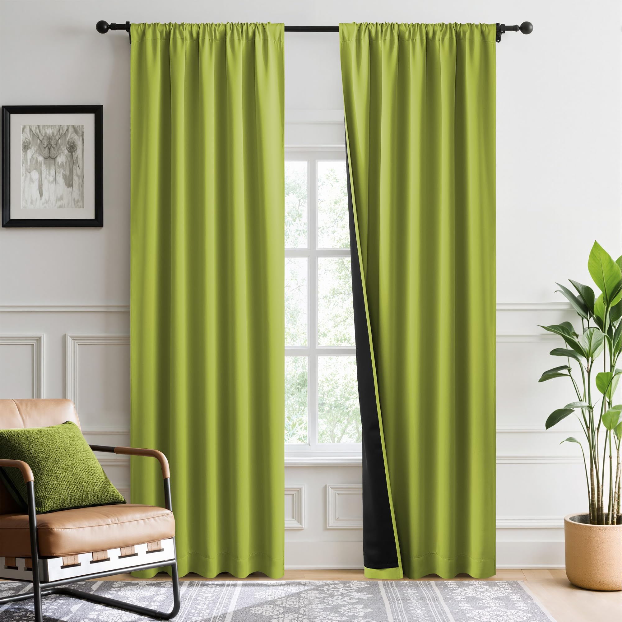 NICETOWN 100% Blackout Curtains for Bedroom, Fresh Green 2 Pieces W52 x L84 Energy Efficient & Thermal Insulated Drapes, Rod Pocket Black Lined Window Treatment Panels for Patio Sliding Glass Door Image