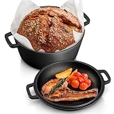 TeamFar 5qt Dutch Oven, Pre-seasoned Cast Iron for Bread Baking, Black | 2-in-1 Bread Pan with Skillet Lid, Oven &amp; Stovetop Safe for Baking Frying Stewing Grilling, Home Use Or Outdoor Camping