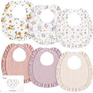 6 Pack Muslin Baby Bibs for Girls Boys, Drool Bibs with Ruffle Trim, Floral | 100% Muslin Cotton, Extra Soft and Absorbent, A