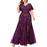Miusol Women's Plus Size Sequins Lace Tulle Mermaid Hemline Sweetheart V Neck Formal Evening Party Maxi Dress