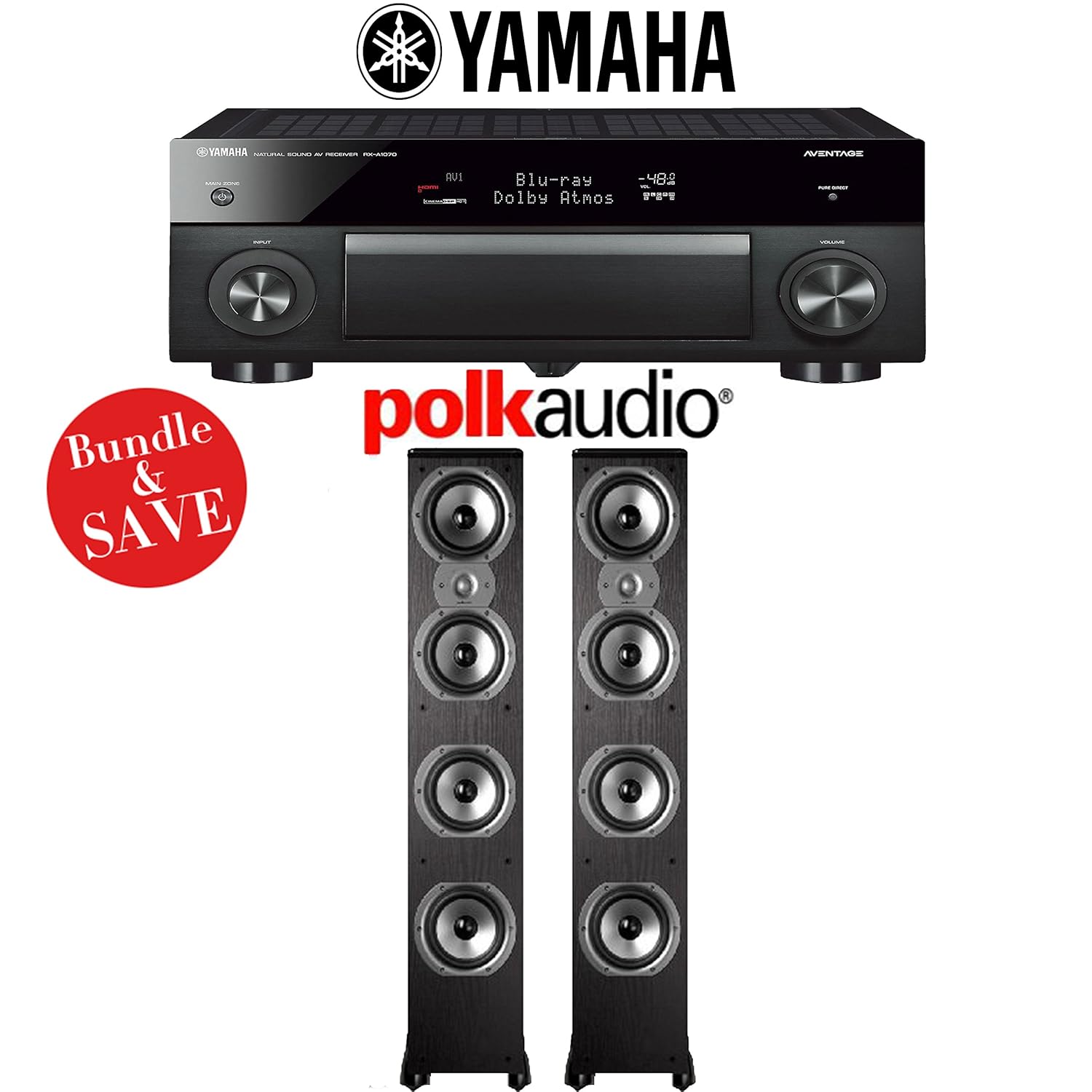 Yamaha AVENTAGE RX-A1070BL 7.2-Channel 4K Network AV Receiver + (1) Pair of Polk Audio TSi 500 Floorstanding Loudspeakers - Bundle