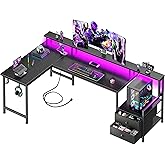 Korfile 66'' L Shaped Gaming Desk with Storage Drawers, Power Outlets, LED | Large Reversible Computer Desk for Multiple Monitors, Black Corner with CPU Stand for Gaming, Work, Home Office, Bedroom