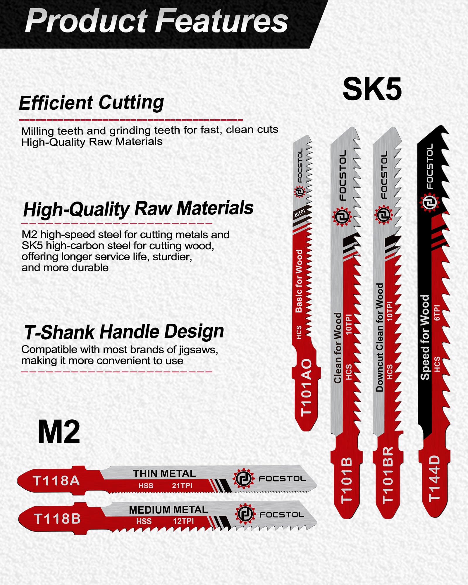 FOCSTOL Stichsägeblatt Set 50tlg mit Aufbewahrungskoffer - HSS/HCS T-Schaft Stichsägeblätter zum Schneiden von Metall, Holz und Kunststoff (T118A, T118B, T101AO, T101B, T101BR, T144D) 5