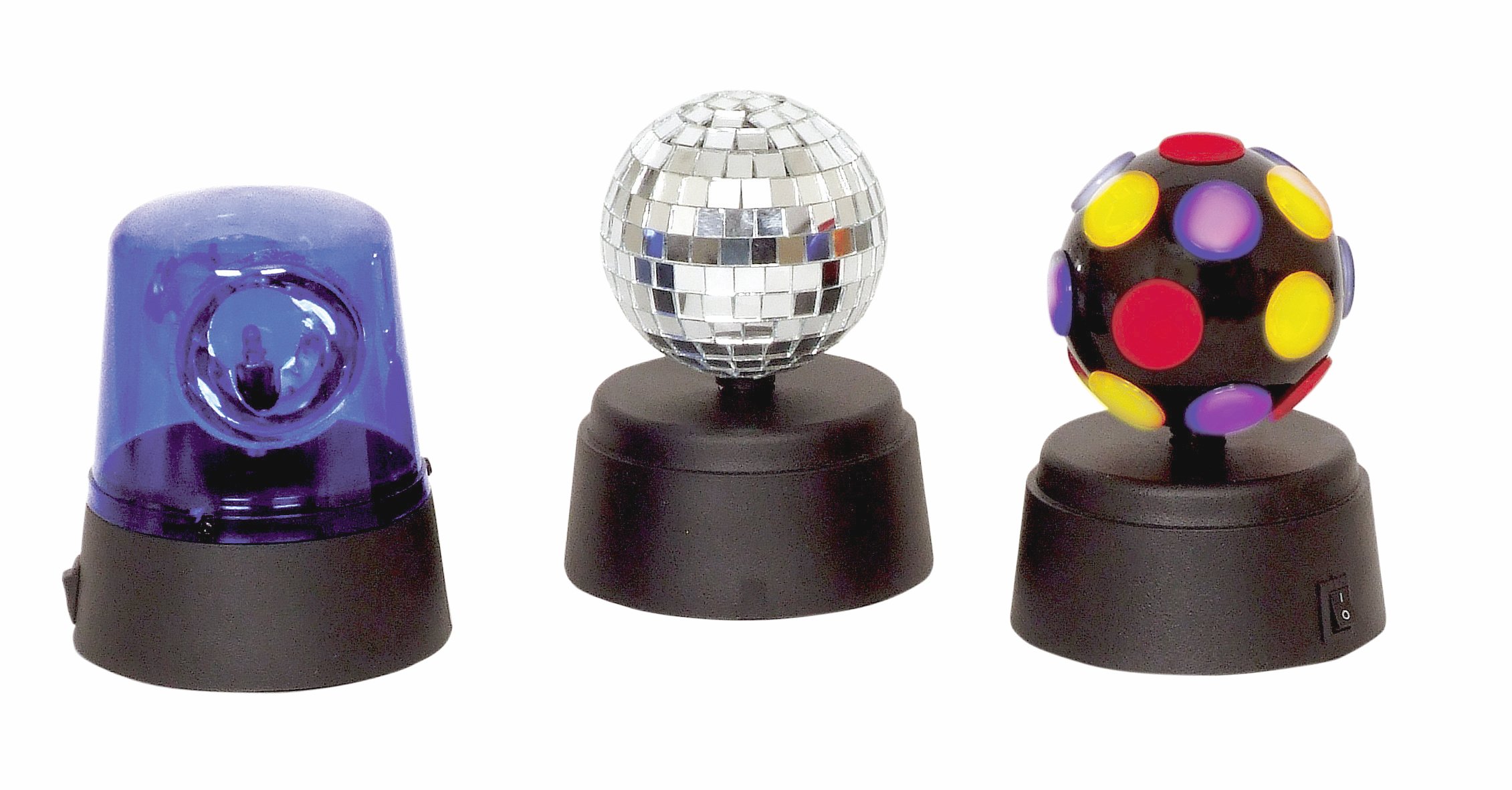 Cheetah Funki Party Set - Battery operated party set including a mini disco ball, mini blue fuzz light and mini mirror ball with built-in rotator. Batteries not included.
