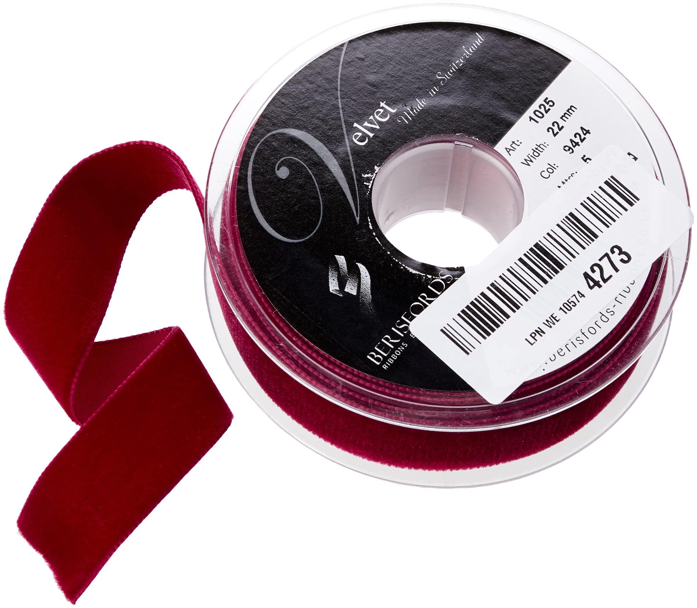 Berisfords Velvet Ribbon, Wine, 102 x 30 x 102 cm