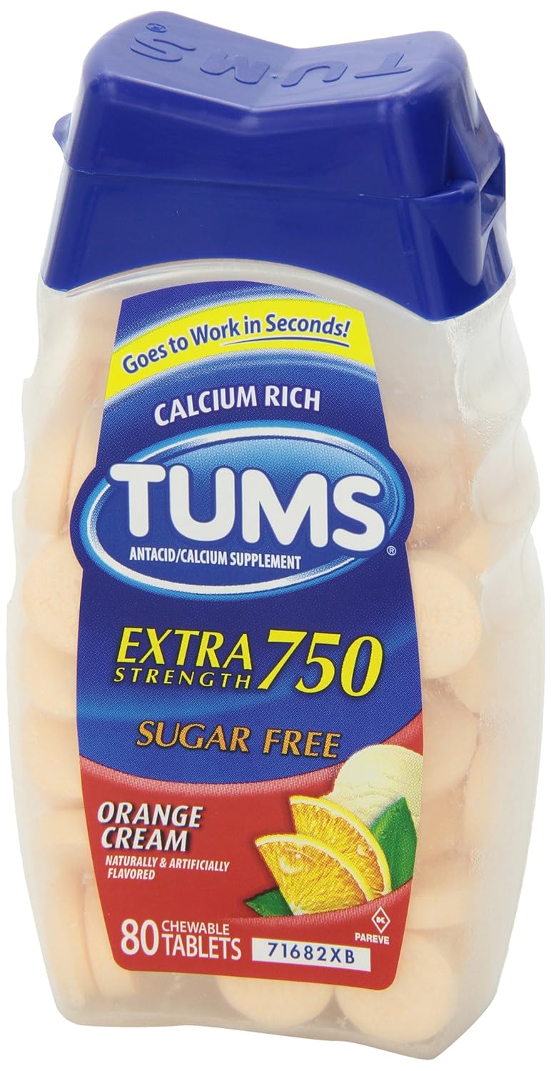 Tums Antacid Chewable Tablets, Extra Strength, Sugar free, Orange, 80