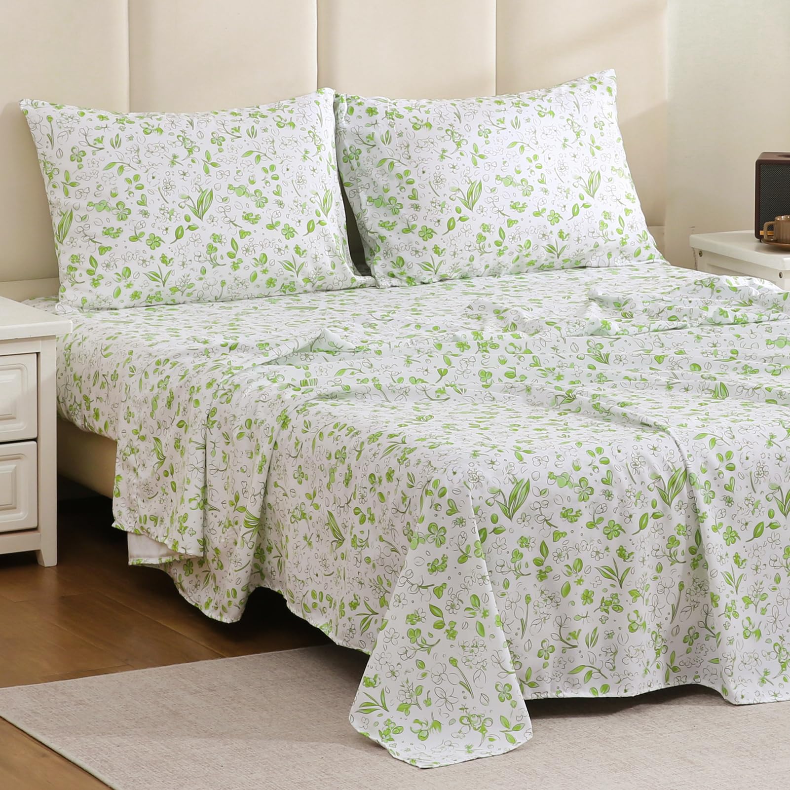 MEISHANG Queen Sheet Set - Ultra Soft Floral Sheets 100% Microfiber,1800 Thread Count Floral Bed Sheets Oeko-Tex Certificated - 4 Pieces - Green Image