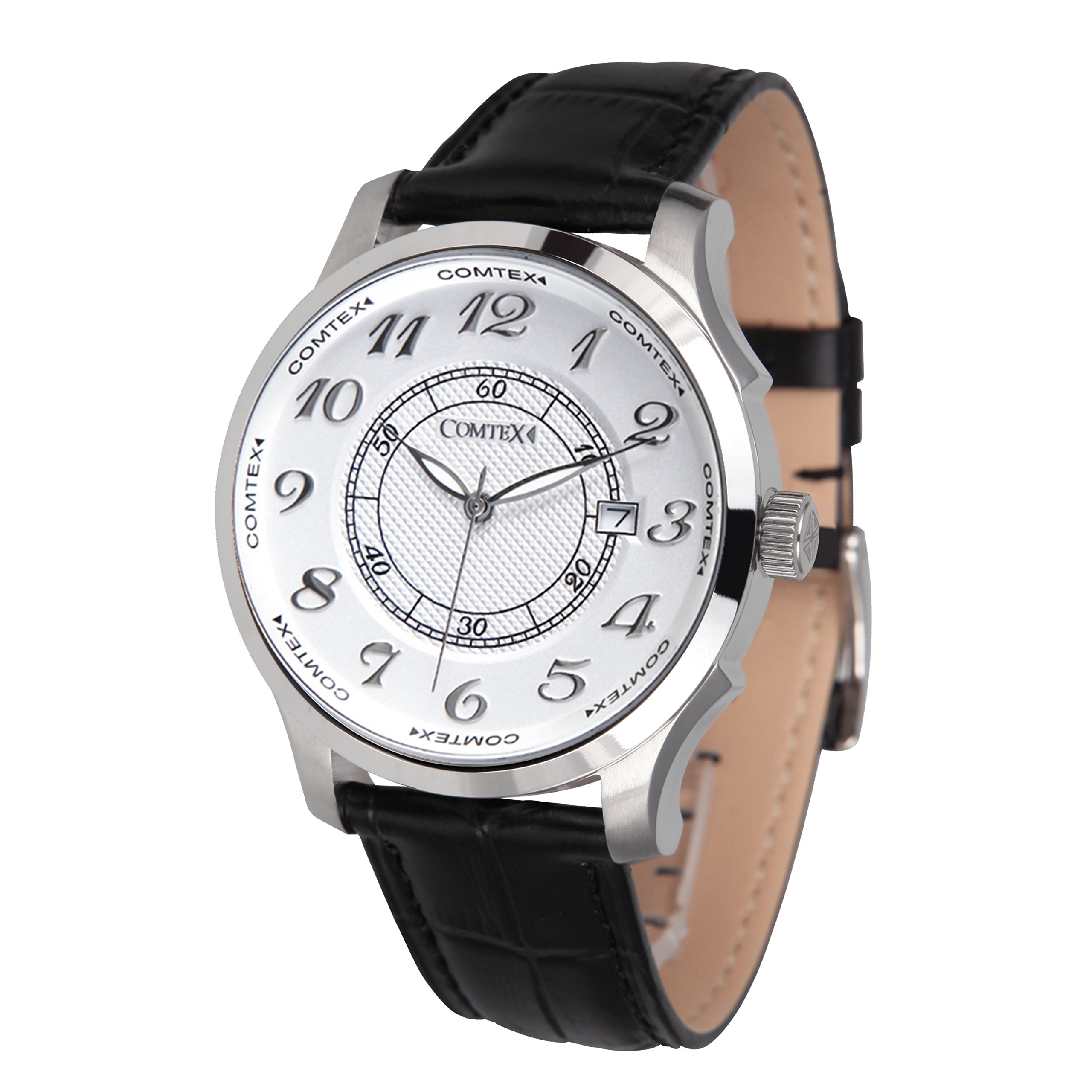 Comtex Men's Watch White Dial Black Leather Numbers Classic Watches