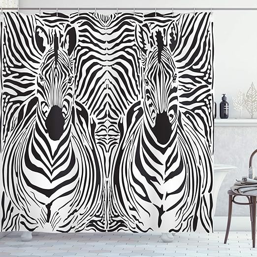 Amazon Com Ambesonne Zebra Print Shower Curtain Illustration Pattern Zebras Skins Background Blended Over Zebra Body Heads Cloth Fabric Bathroom Decor Set With Hooks 84 Long Extra Black White Home Kitchen