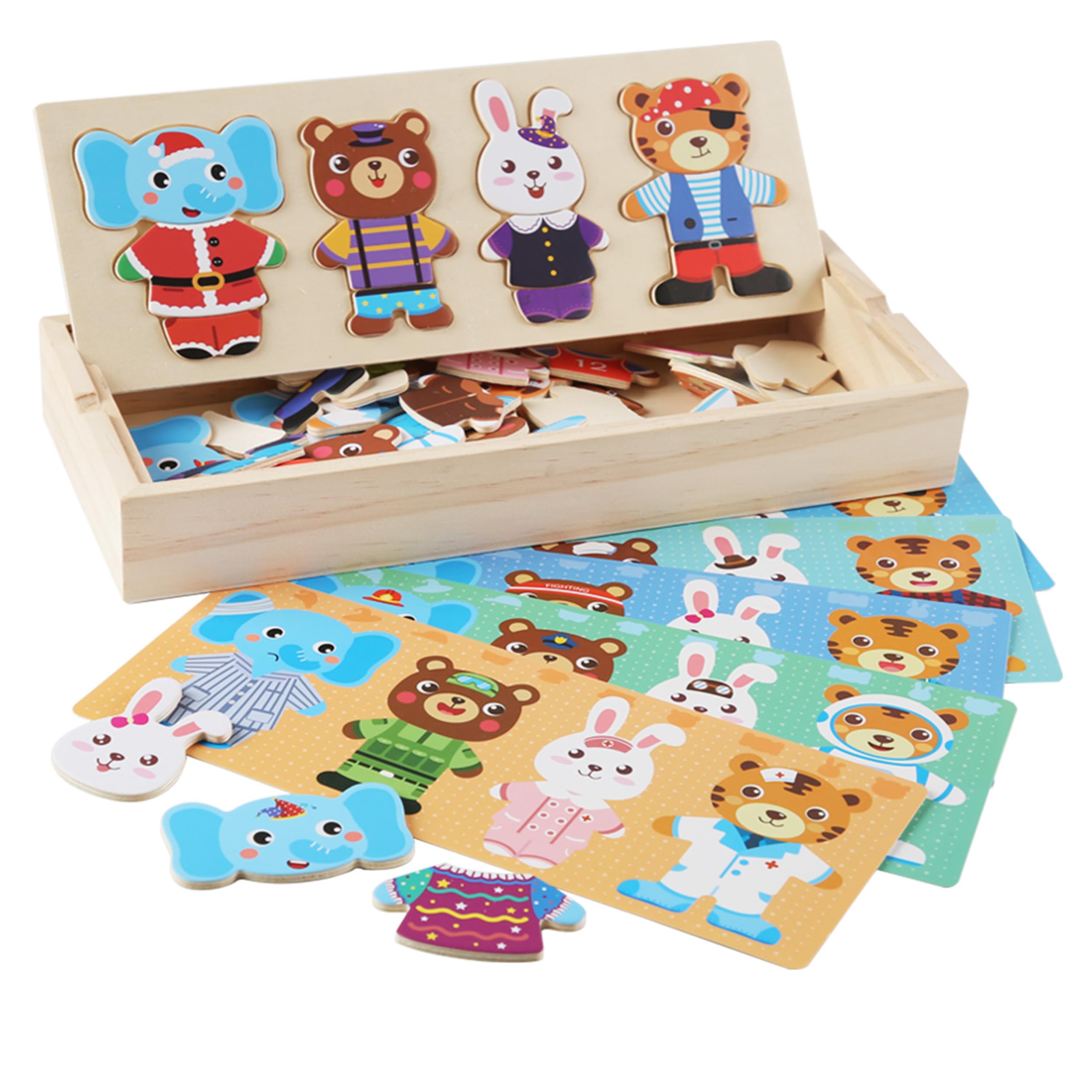 LilyBeauty Wooden Bear Dress-Up Puzzle Box-72 Pcs, Sorting & Matching Toy with Storage Case, Change Clothes Puzzle Games for Toddlers, Educational Puzzle Learning Toys for Kids Ages 3+ (Mixed)