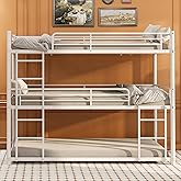 KEIKI Twin Over Twin Over Twin Size Metal Triple Bunk Bed Frame with Built-in Ladder, Modern Bunk Bed with Slats and Guardrail, No Box Spring Required, Noise-Free, Easy Assembly, for Bedroom, White