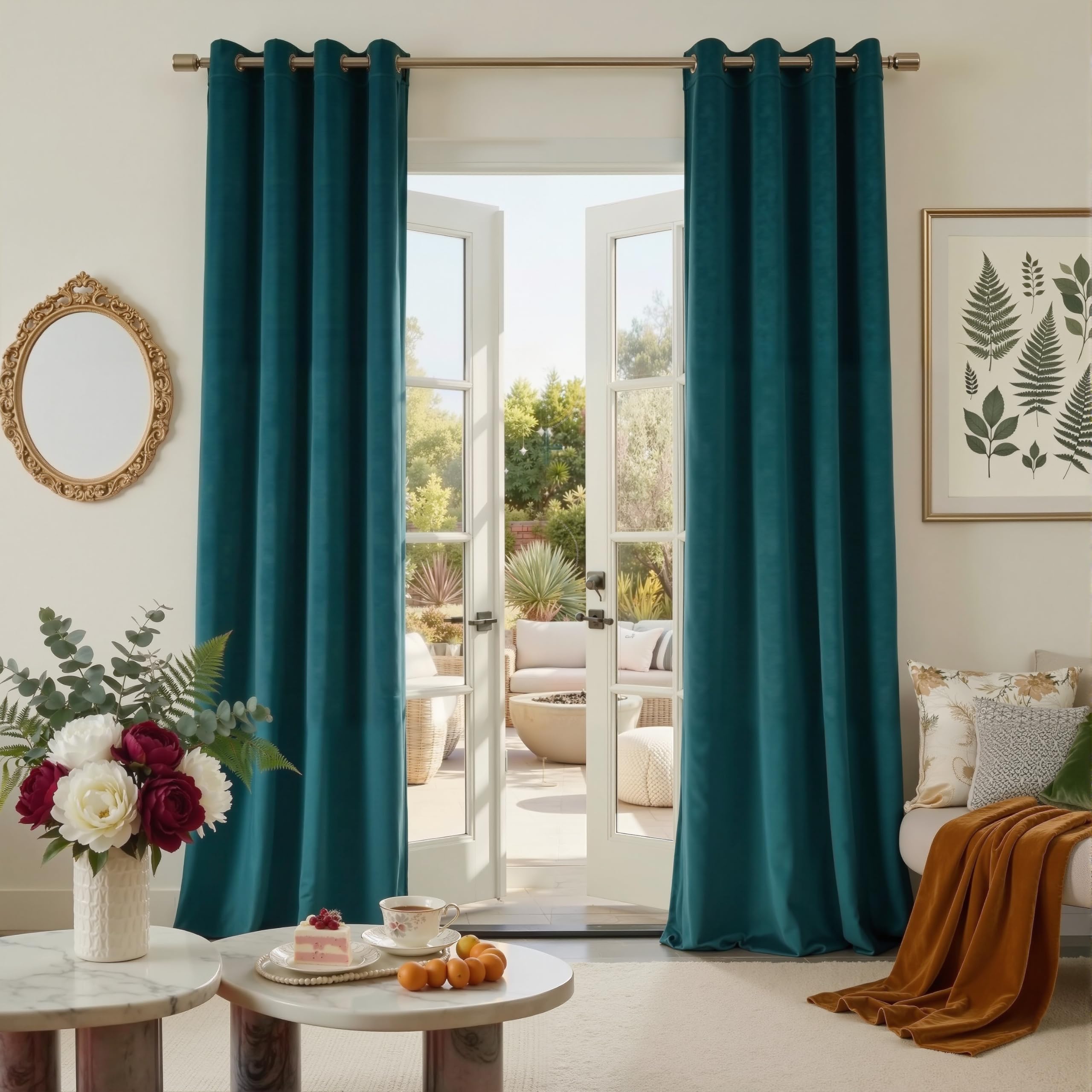 PONY DANCE Peacock Blue Velvet Curtains 84 Drop Pair - Blackout Curtains Eyelet Top Thermal Insulated Velvet Panels for Living Room/Bedroom Elegant Home Decor Window Treatments, 52x84 Inches, 2 Panels