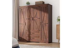 Hlivelood 4 Doors Wardrobe Armoire Closet with Doors and Drawers, Farmhouse Wooden Armoire Storage Cabinet with Shelves & Hanging Rod for Bedroom, Brown
