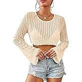 Women Crochet Sweater Lightweight Cropped Summer Tops Long Sleeve Hollow Out Knit Cover Up