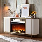 OKD Luxury 70" Fluted Fireplace TV Stand, Modern Chic Entertainment Center for TVs Up to 80 inches, TV Console with Faux Marble Top, Curved Profile Design, Media Console for Living Room, Off White