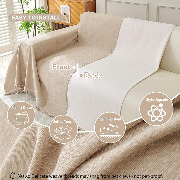 DREAMINGO SOFA COVERS WASHABLE THICK CHENILLE COUCH COVER FOR 3 CUSHION COUCH SOFA MULTI-USE COUCH COVER BLANKET MODERN PET FURNITURE PROTECTOR SECTIONAL COUCH SLIPCOVER 71″X150″, KHAKI