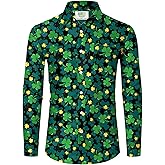 Arvilhill Mens St Patrick's Button Shamrock Clover Printed Long Sleeve Shirt (S-3XL)