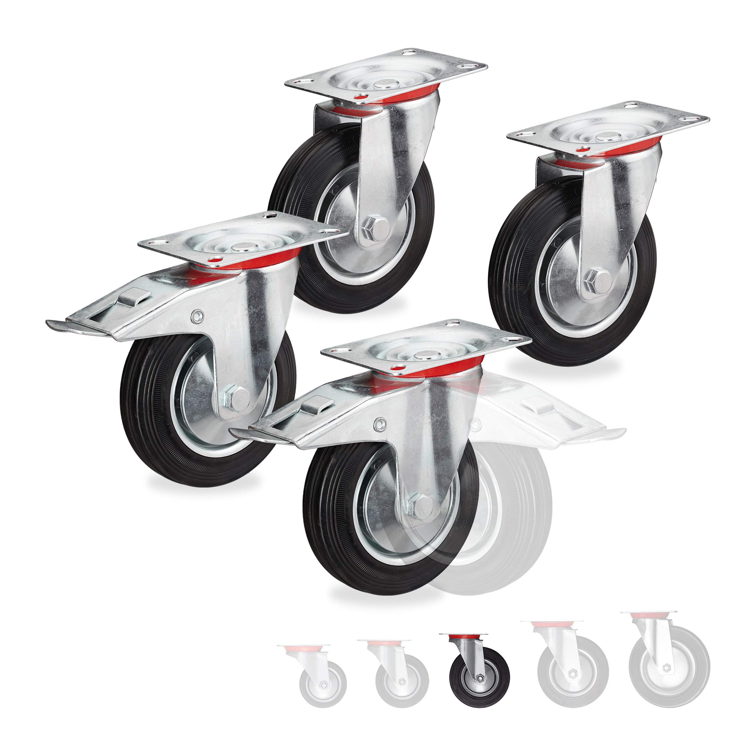 Relaxdays Heavy Duty Castors Set of 4, Rotatable, 2 Wheels, with Brake, Load Capacity up to 320kg, Wheel D: 125mm, Black