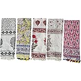 INDIANHANDICRAFTS 5 Pc Mix Lot Indian Cotton Scarves, Women Party Wear Hand Block Printed Dabu Print Scarf, Size 22x72 Inch