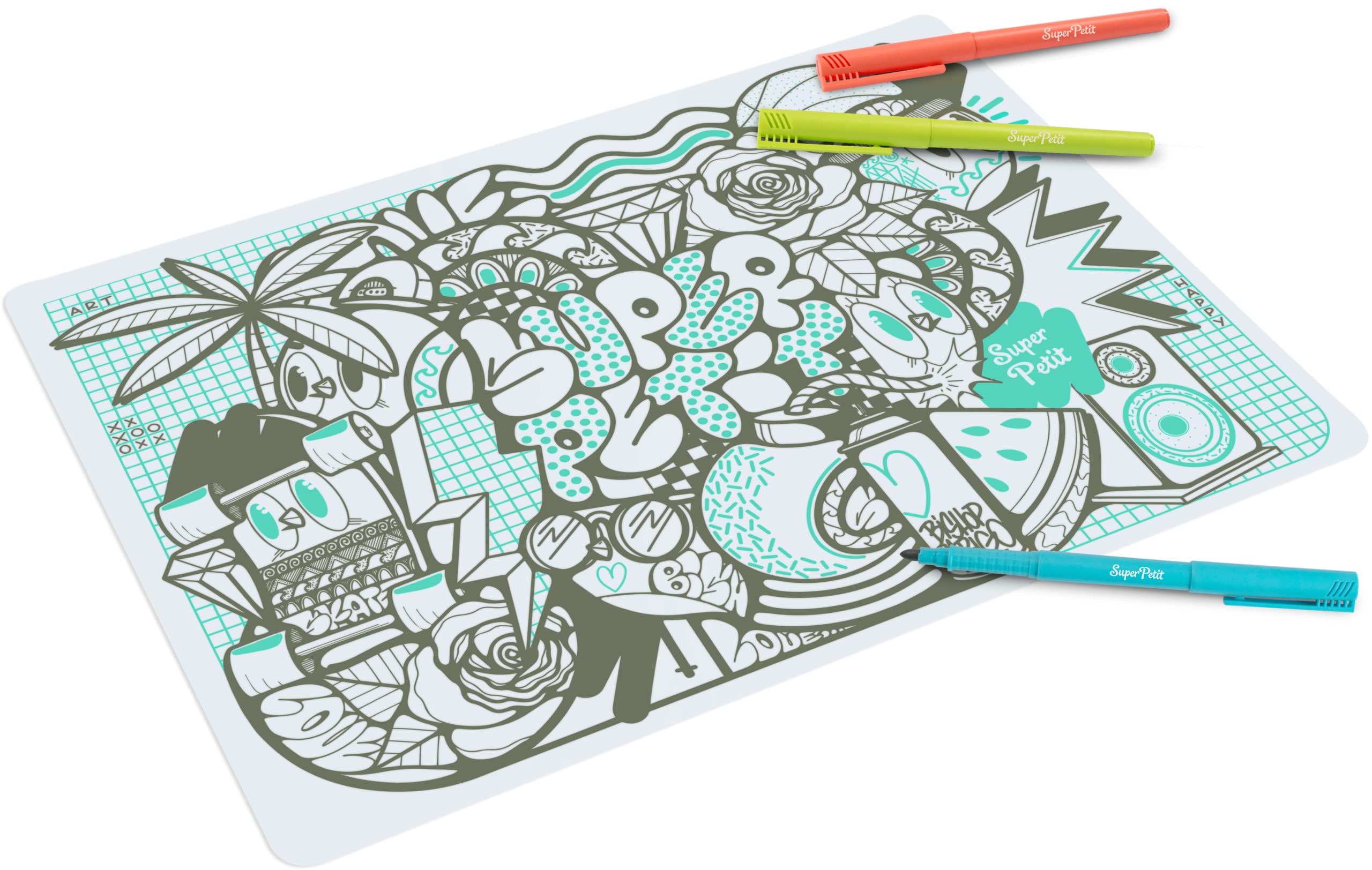 SUPER PETIT - For Children and Teens Street Art Colouring Erasable and Reusable-3 Erasable Markers - Erasable Street Art Colouring Pens - Erasable and Reusable - Desk Protector 40 x 30 cm
