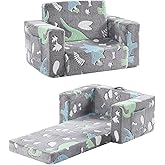 Givjoy Kids Sofa Toddler Chair, Children Couch with Side Pockets 2 in 1 Glow in Dark Kids Armchair with Removable and Washable Cover Carrying Handle Kids Reading Sofa for Playroom, Grey Dinosaur