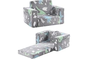 Givjoy Toddler Chair Kids Couch, 2-in-1 Toddler Soft Sherpa Couch Fold Out Armchair with Removable Cover, Convertible Reading Chair Toddler Sofa for Kids, Glow in The Dark Plush Grey Dinosaur