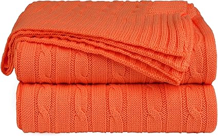 Amazon Piccocasa 綿100 毛布 ニット ブランケット 掛け毛布 軽量 ひざ掛け 肩掛け 大判 北欧 防寒 おしゃれ ベッド ソファ 旅行用 オレンジ 1 180cm ブランケット 毛布 オンライン通販