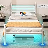 J.Fkne Twin Bed Frame with LED Lights & Charging Station, Metal Platform Bed with Headboard, Heavy Duty Metal Slats, No Box Spring Needed, Noise Free, Easy Assembly, White