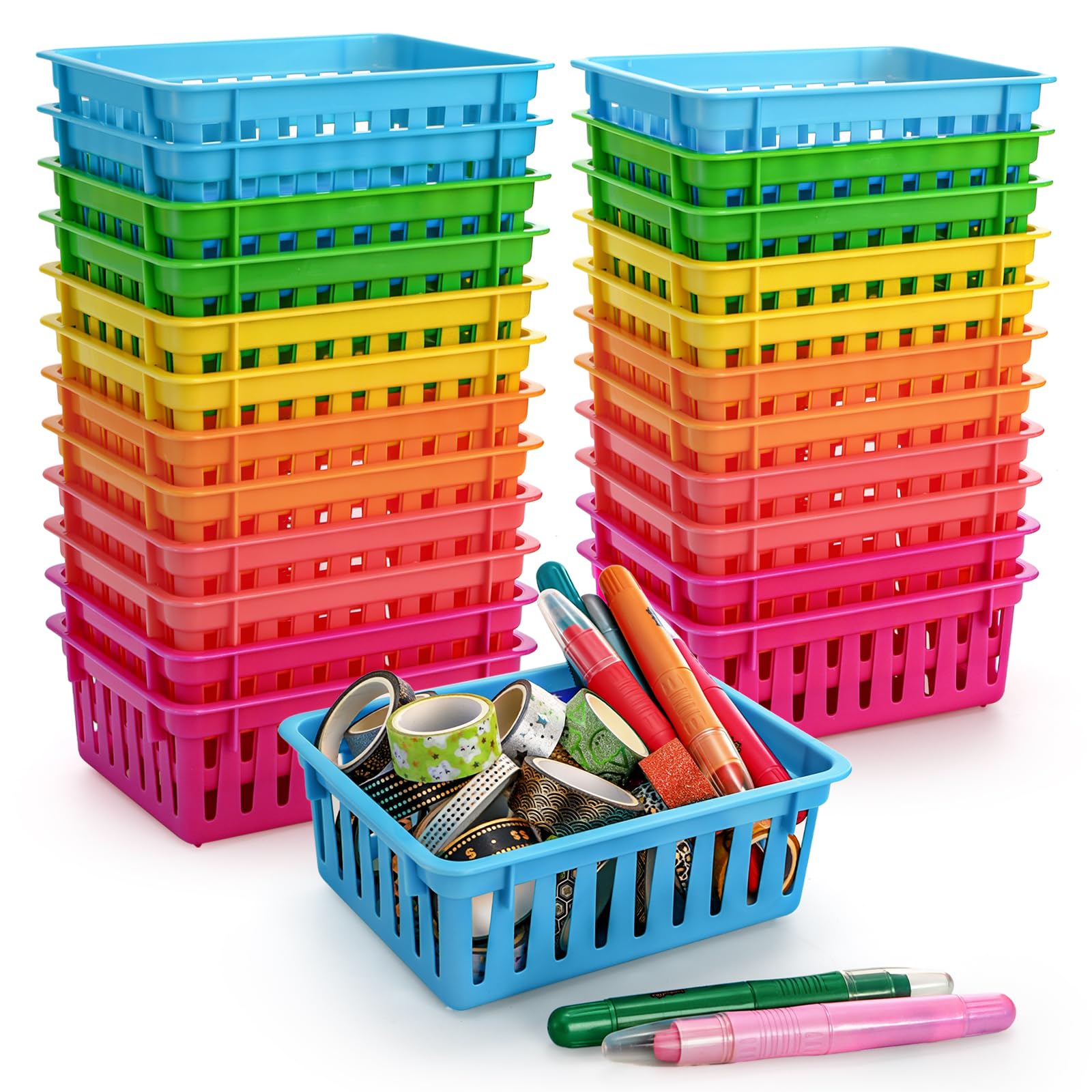 DEAYOU 24 Pack Classroom Storage Baskets, Small Plastic Baskets for Organizing, Colorful Storage Trays, Crayon Pencil Containers Organizer Bins for Desk, Drawer, Home, Office, 15.5 x 12 x 6 cm