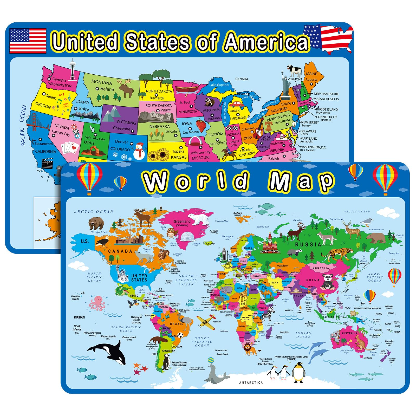 Photo 1 of Patelai 2 Pcs Educational Placemats Learning Kids World Map United States Map Placemats Washable Reusable Non Slip for Nursery Homeschool Kindergarten Classroom Supplies