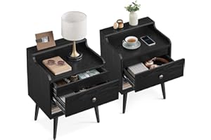VASAGLE Nightstands, Set of 2, Bedside Tables with Hidden Drawers, Mid-Century End Side Tables with Solid Wood Legs, for Bedroom, Ebony Black ULET624B01