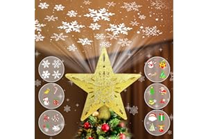 WILUX Christmas Tree Topper Projector Lights with 6 Projection Modes, Gold Star Christmas Tree Topper with Built-in LED Projector, Dynamic Projection for Christmas Party Holiday Decoration