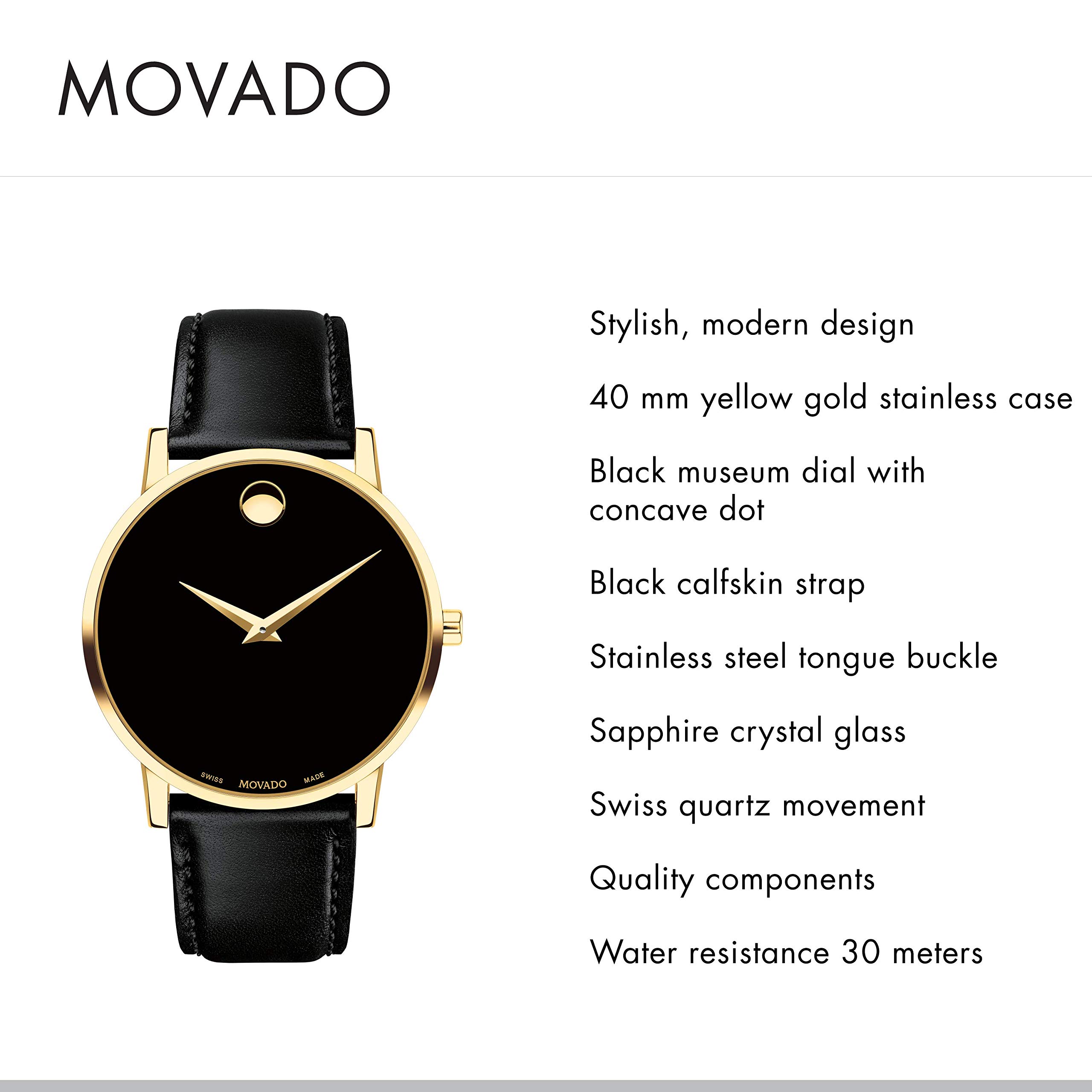 Movado Museum Classic Men's Watch - Swiss Quartz Movement, Calfskin Strap - 3 ATM Water Resistance - Classic, Luxury Fashion Timepiece for Him - 40mm