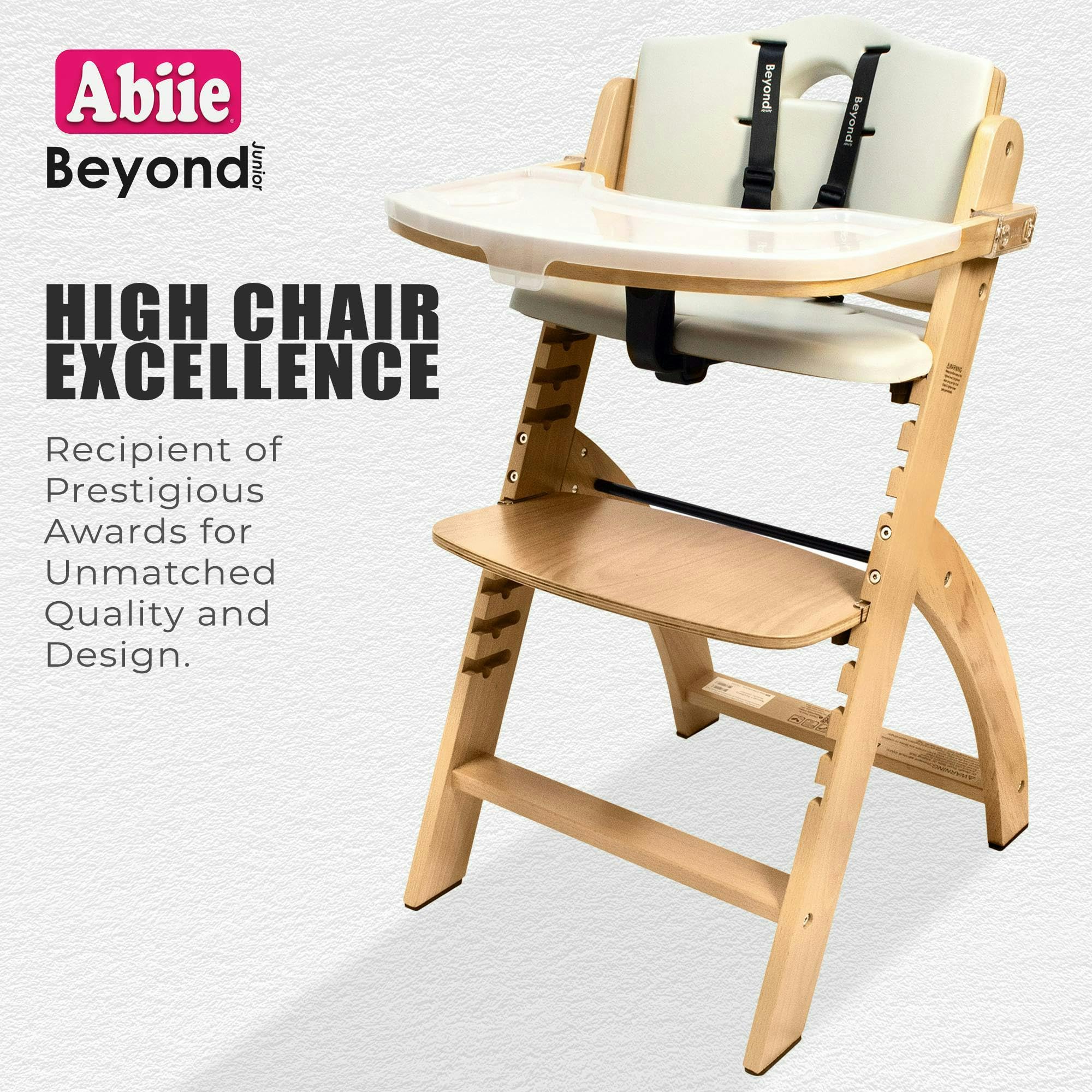 Abiie Beyond Junior Wooden High Chair with Tray - Adjustable and Convertible High Chair for Babies and Toddlers - 6 Months to 250 Lb - Water Resistant - Natural Wood/Dove Grey Cushion