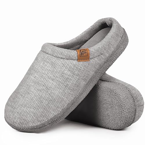 FamilyFairy Women’s Comfy Striped Knitted Memory Foam Slippers Slip on House Shoes for Indoor Outdoor Grey,5-6