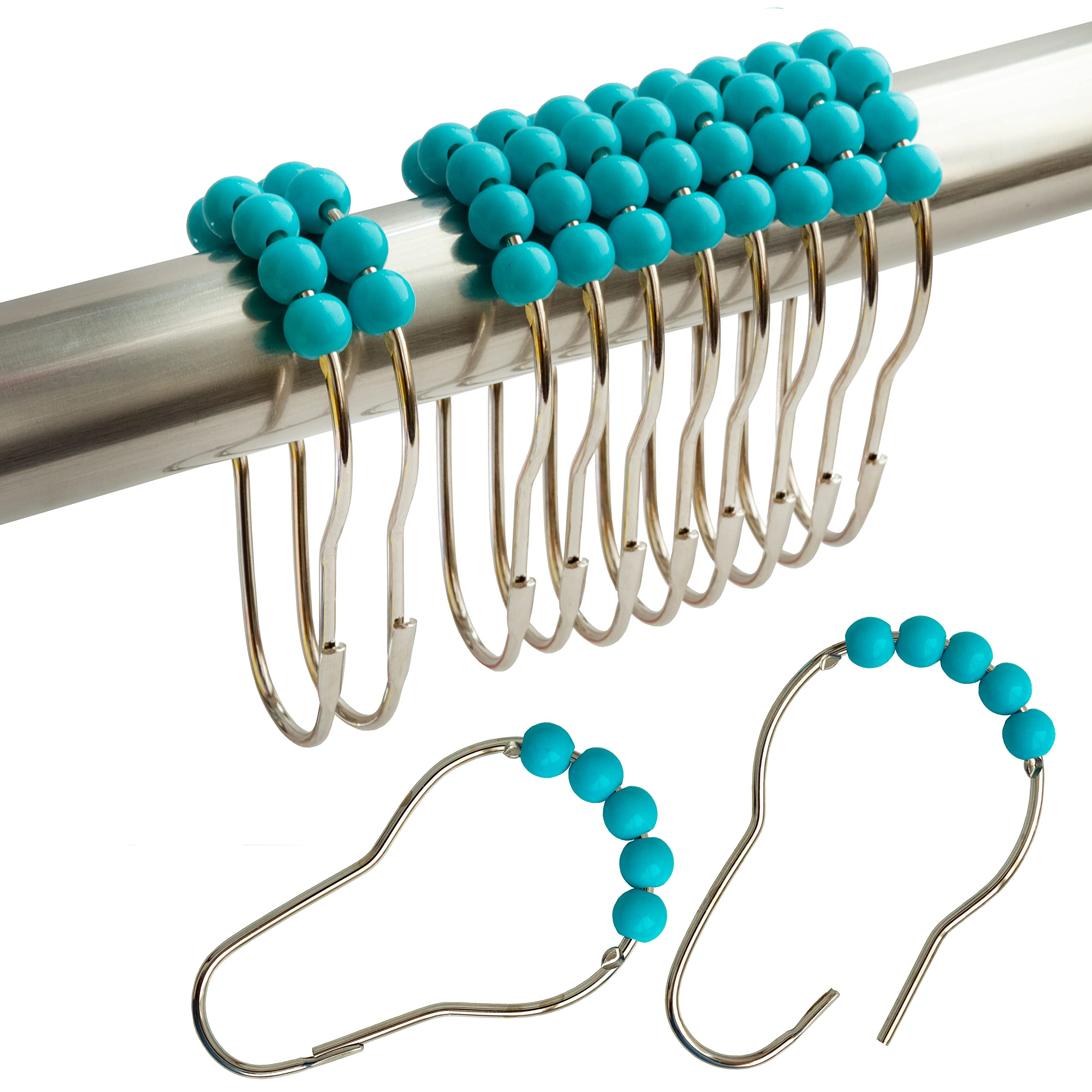 Shower Curtain Hooks Rings Stainless Steel Shower Hooks Blue Acrylic roller Balls Rustproof Heavy Duty for Bathroom Curtain(Blue)