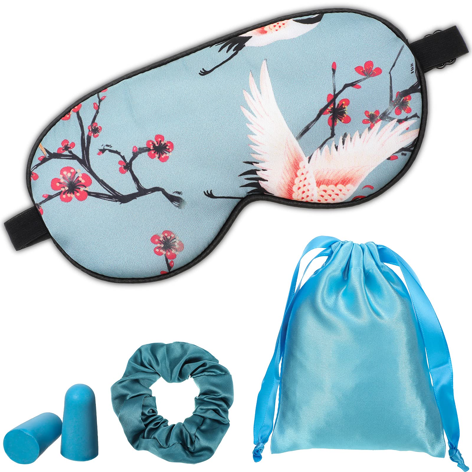 1 Set Sleep Masks with Earplug, Storage Bag and Hair Scrunchies, Silk Sleep Mask Sleeping Eye Mask Eye Cover Crane Pattern Silk Eye Mask with Adjustable Strap for Women Men Night Sleep (Blue Crane)