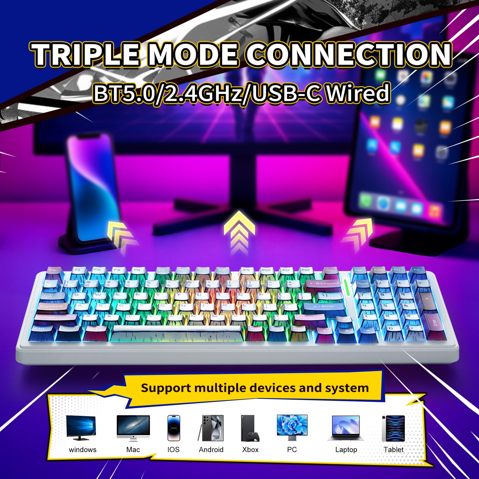 x Aula F99 Wireless Gaming Keyboard, Bluetooth Mechanical Keyboard Hot Swappable Custom Creamy Computer Keyboards, RGB Backlit, Tri-Mode BT5.0/2.4GHz/USB-C, Gasket Structure, Pre-lubed Linear Switches