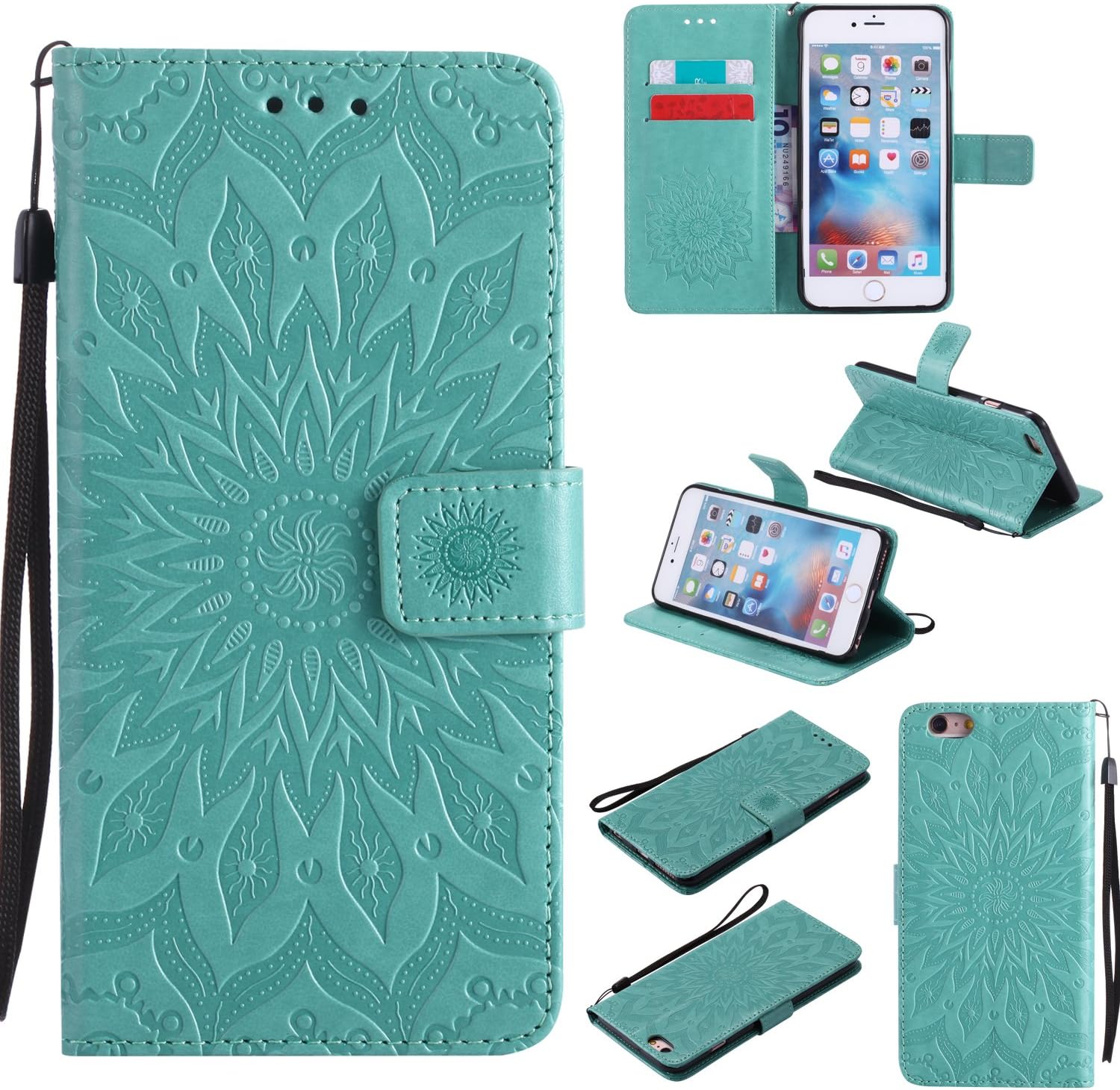 A-slim iPhone 6S Plus Wallet Case, (TM) Sun Pattern Embossed PU Leather Magnetic Flip Cover Card Holders & Hand Strap Wallet Purse Case for iPhone 6 Plus / 6S Plus [5.5 Inch] - Green