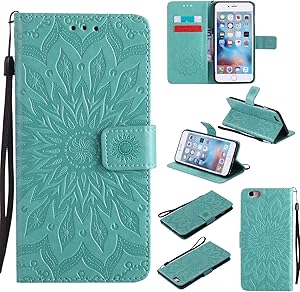 A-slim iPhone 6S Plus Wallet Case, (TM) Sun Pattern Embossed PU Leather Magnetic Flip Cover Card Holders & Hand Strap Wallet Purse Case for iPhone 6 Plus / 6S Plus [5.5 Inch] - Green