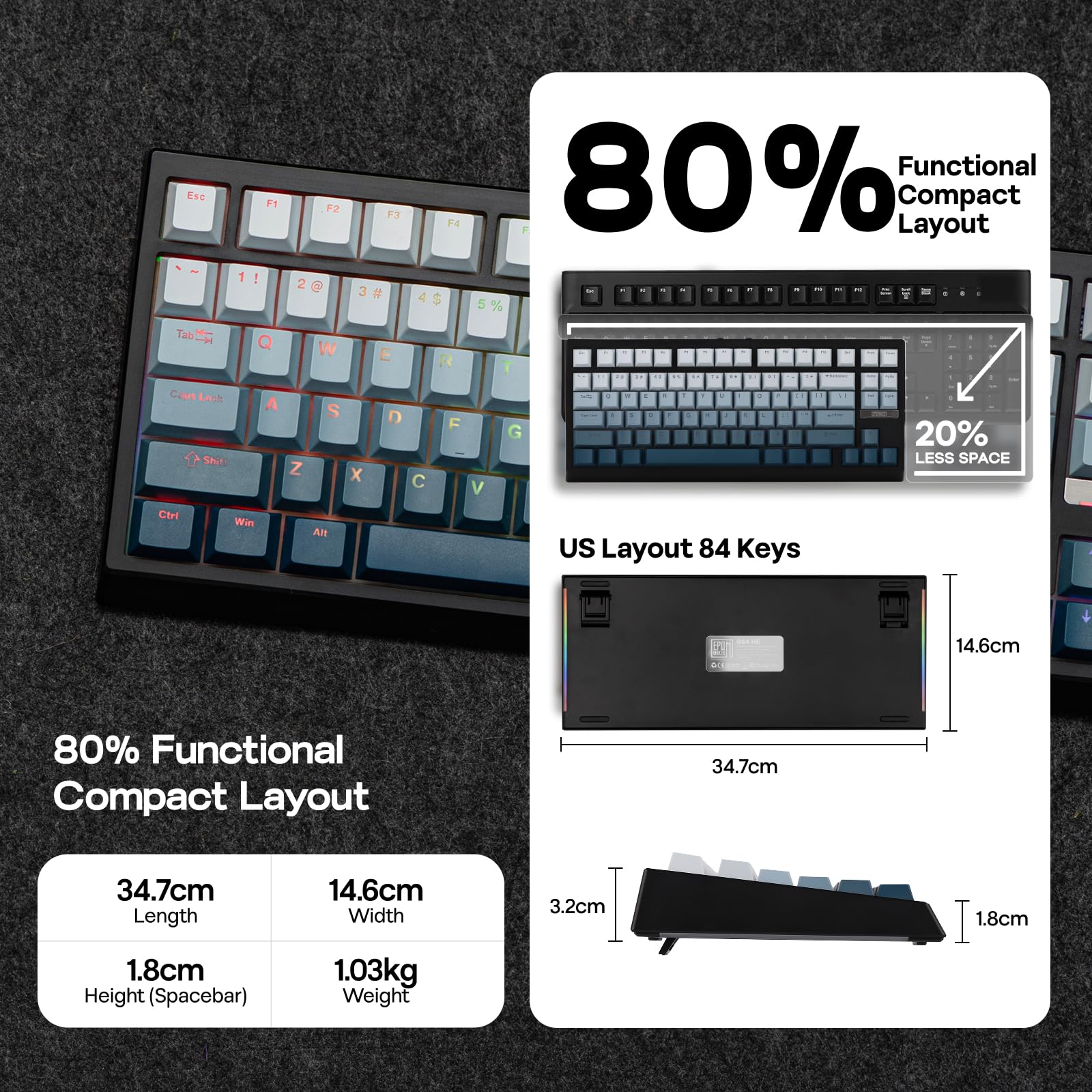 EPOMAKER G84 HE Wireless Hall Effect Keyboard, 8K Polling & 8000mAh, SOCD & DKS, Gaming Keyboard with Fast Trigger & Adjustable Actuation, RGB Backlit, PBT Keycap, Hot-Swap, for Win/Mac